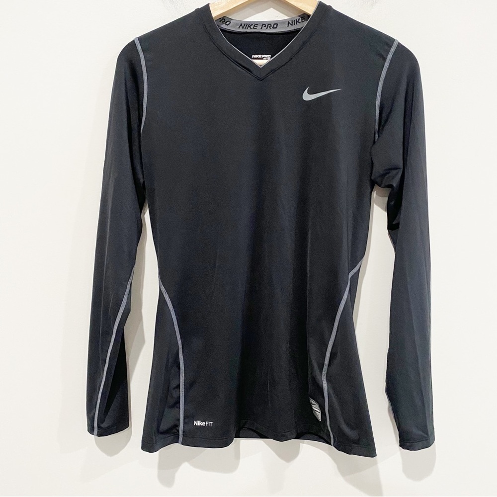 NIKE PRO Dri Fit V Neck Long Sleeve Black Compression Base Layer Size Small